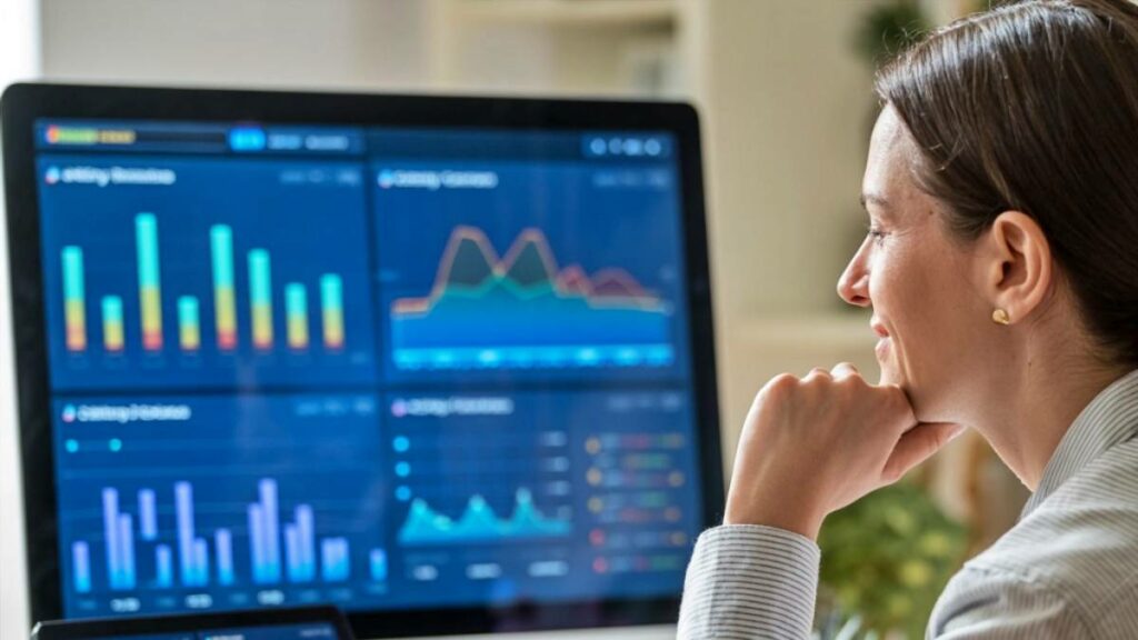 Woman viewing on-screen dashboard