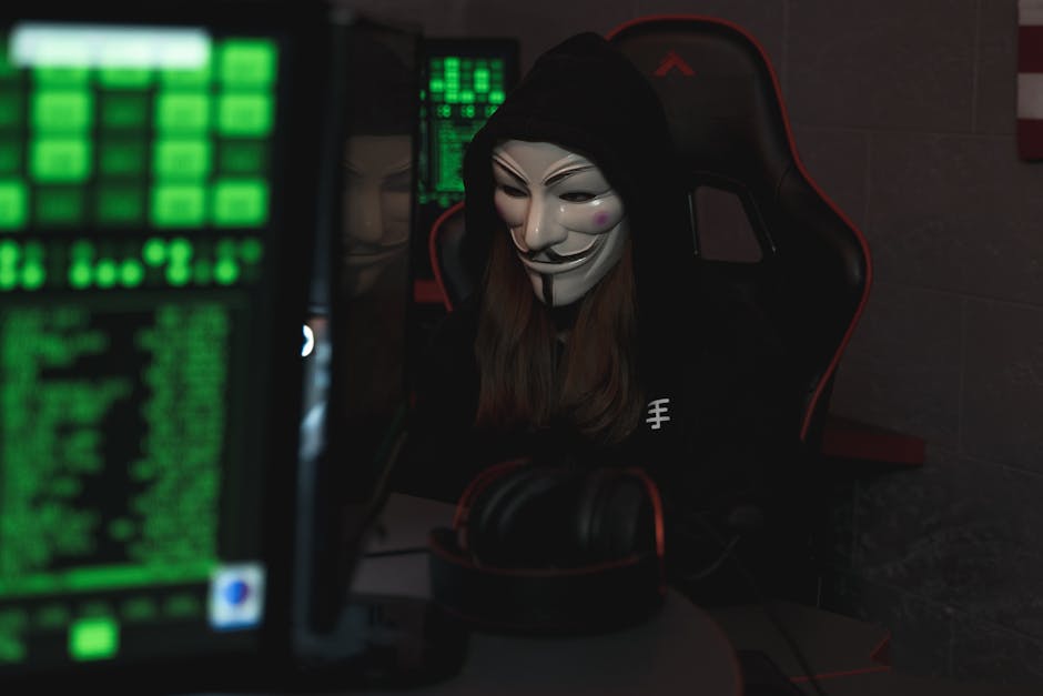 A mysterious hacker wearing a Guy Fawkes mask and black hoodie in a dimly lit room focused on computer screens. A mysterious hacker wearing a Guy Fawkes mask and black hoodie in a dimly lit room focused on computer screens.