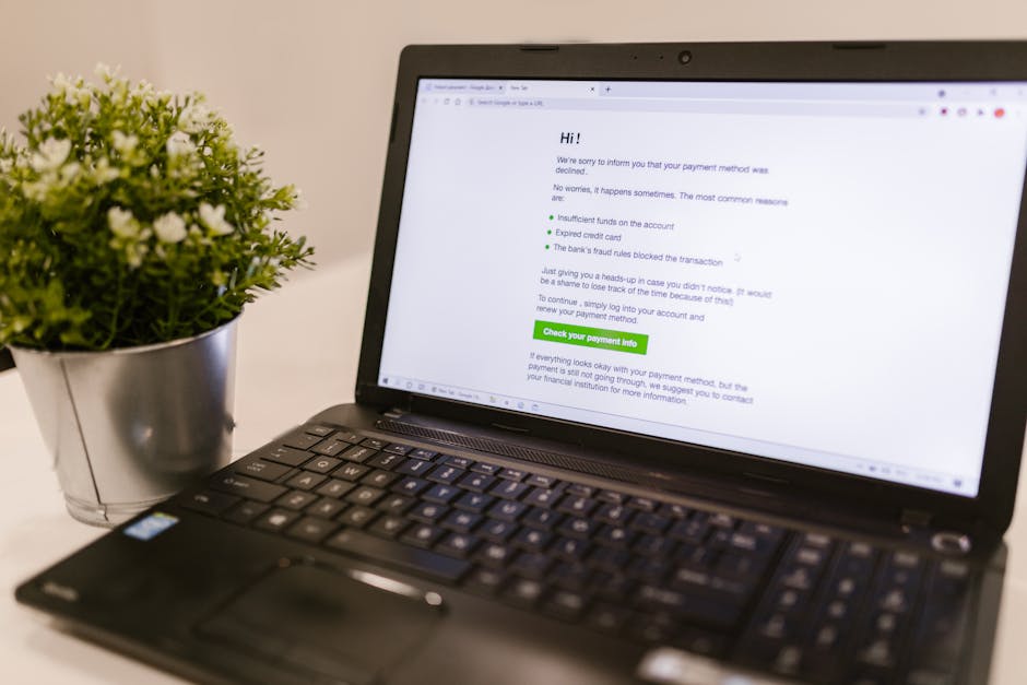 Laptop displaying payment method decline notice alongside a potted plant on a white surface. Laptop displaying payment method decline notice alongside a potted plant on a white surface.